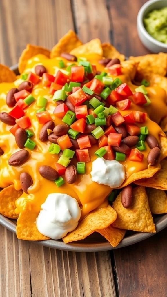 Crispy air fryer nachos with refried beans, cheese, tomatoes, and green onions on a wooden table.